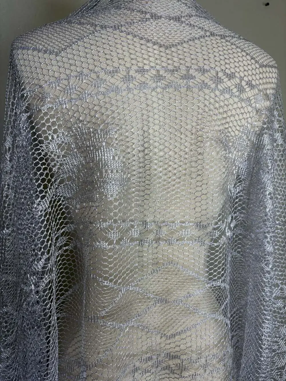 Silver Metallic Shimmer Lace Fringe Evening Shawl Wrap